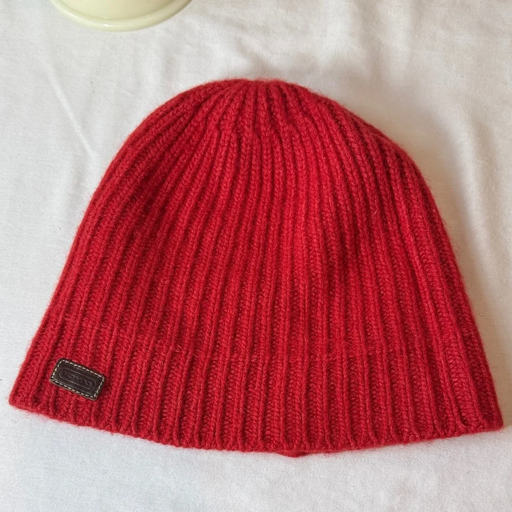 Coach Red Lambswool Blend Knit Beanie. OS.
